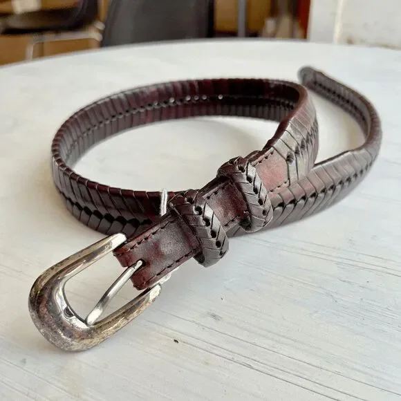 Vintage Brown Leather Braided Woven Belt UNISEX Silver-Plate Buckle, SZ 28 - Picture 1 of 9